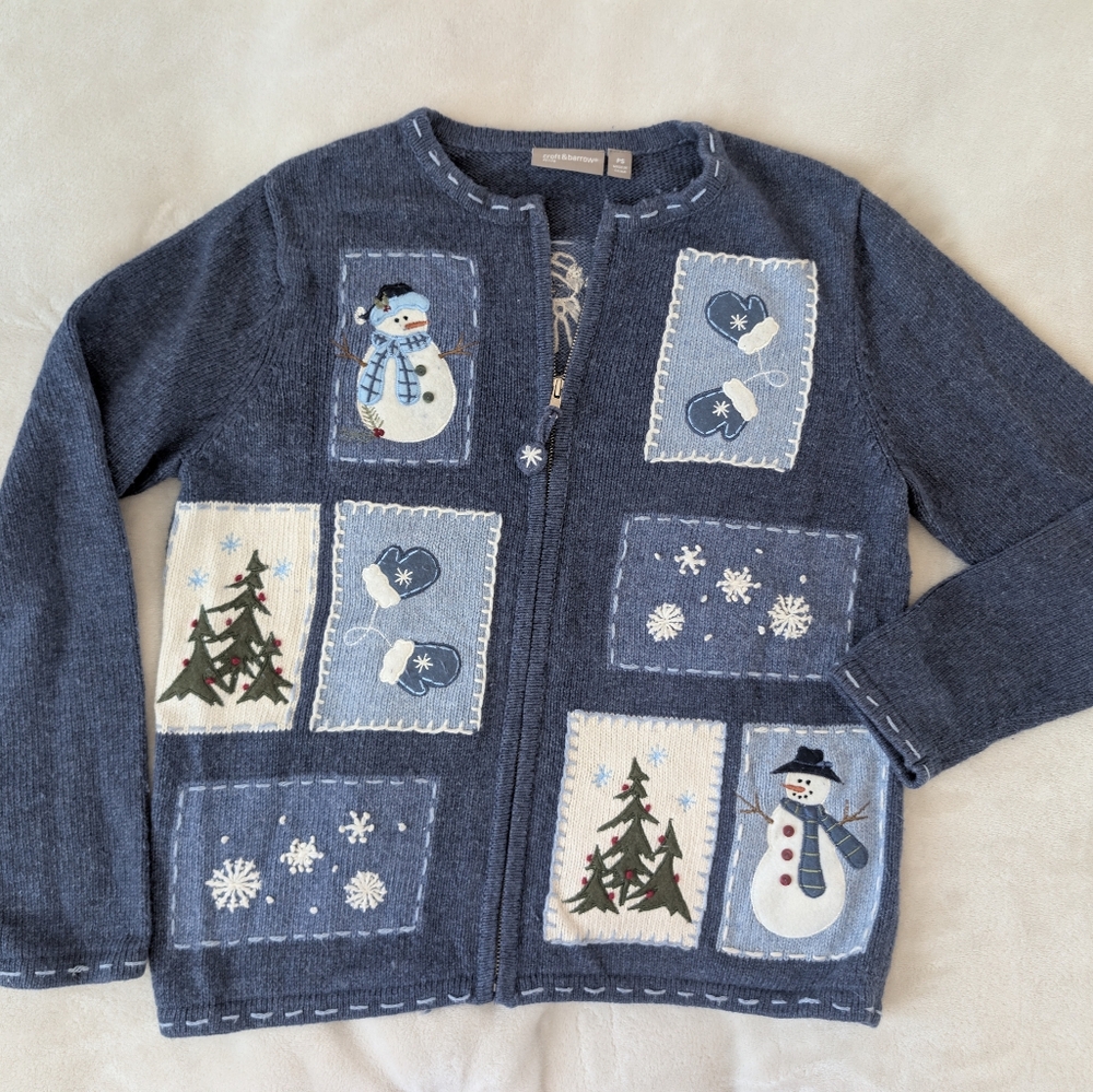 croft & barrow Navy Patchwork Snowman Zip Cardigan